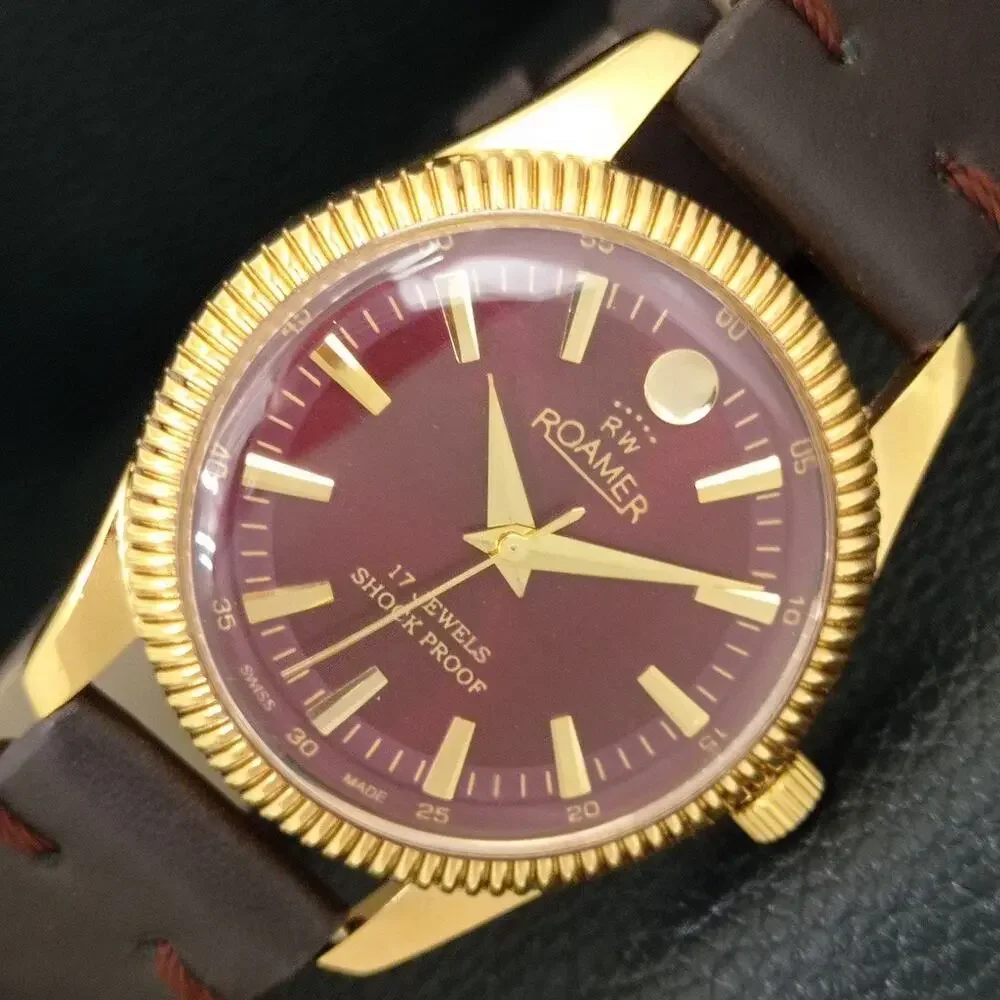 Vintage 1973 Roamer Manual Mens Gold Watch W/Leather Strap & Red accents